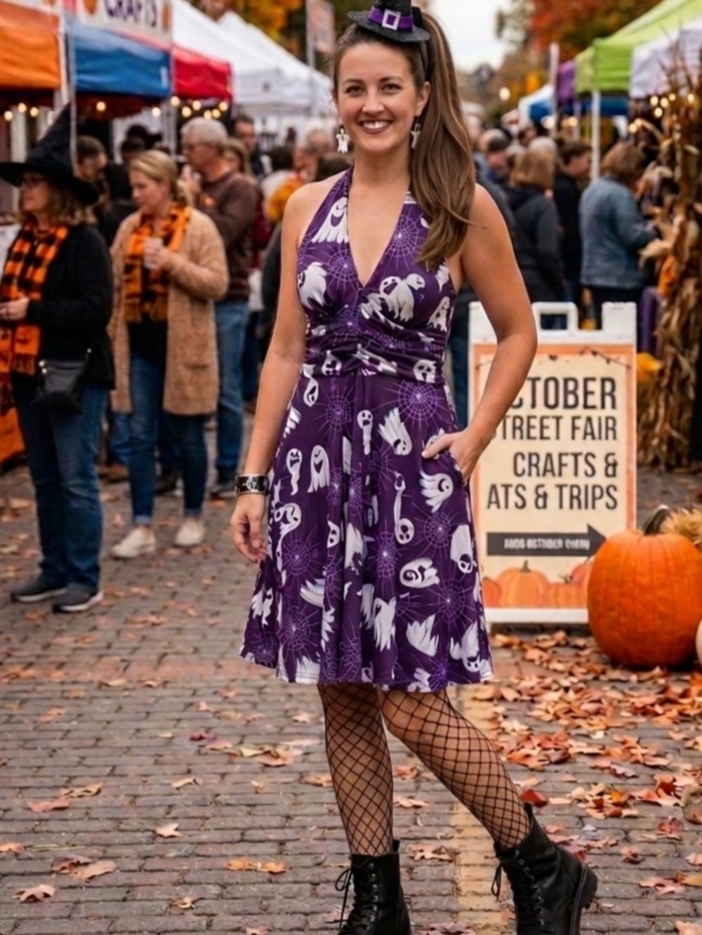 Purple Halter Ghost Print Halloween Dress